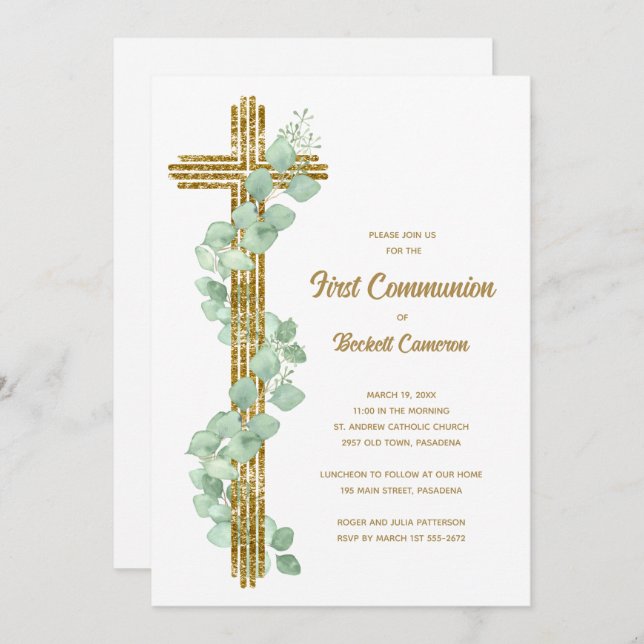 Invitation Elegant Eucalyptus and Cross First Communion (Devant / Derrière)