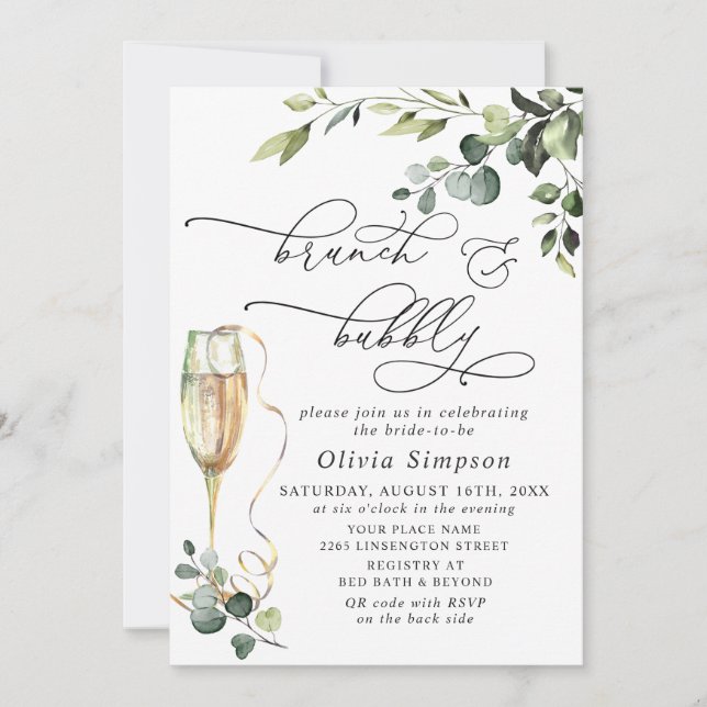 Invitation Elégant Eucalyptus Aquarelle Brunch & Bubbly (Devant)