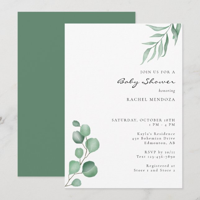 Invitation Elégant Eucalyptus Baby shower Verdure Neutre (Devant / Derrière)