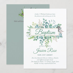 Invitation Elégant Eucalyptus Baptême Baptême Vert Christenin