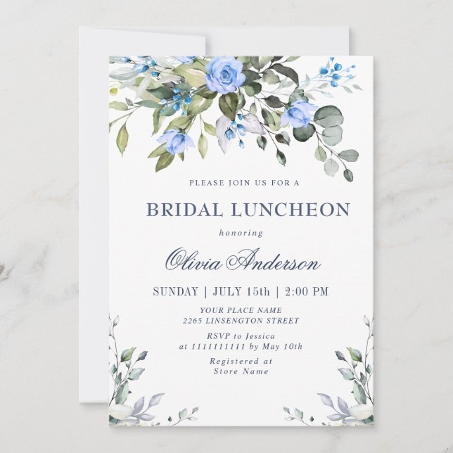 Invitation Élégant Eucalyptus Bleu Roses BRIDAL LUNCHEON (Devant)