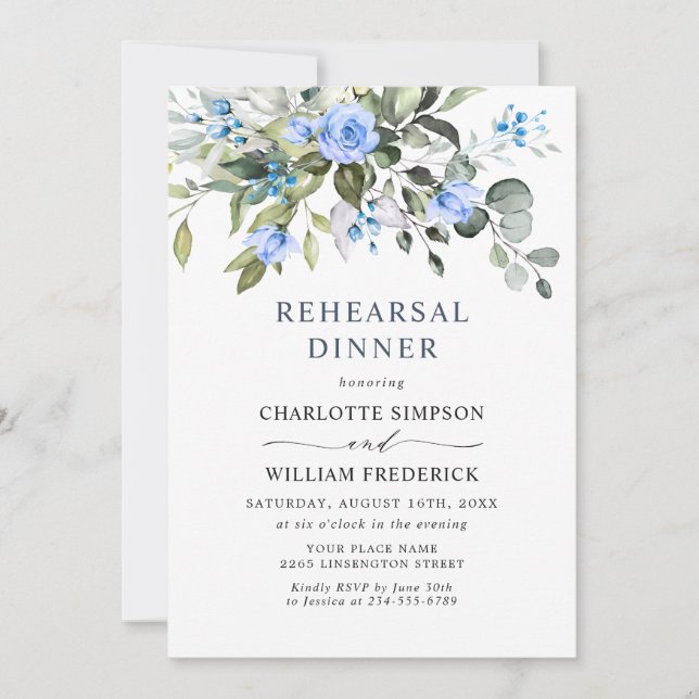 Invitation Elégant Eucalyptus Bleu Roses RÉPÉTITION DÎNER (Devant)