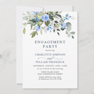 Invitation Élégant Eucalyptus Blue Roses ENGAGEMENT PARTY