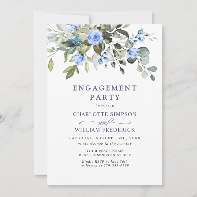 Invitation Élégant Eucalyptus Blue Roses ENGAGEMENT PARTY (Devant)