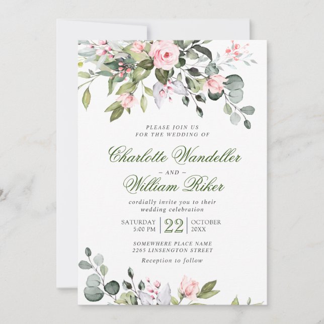 Invitation Elégant Eucalyptus Blush Rose Mariage de verdure (Devant)