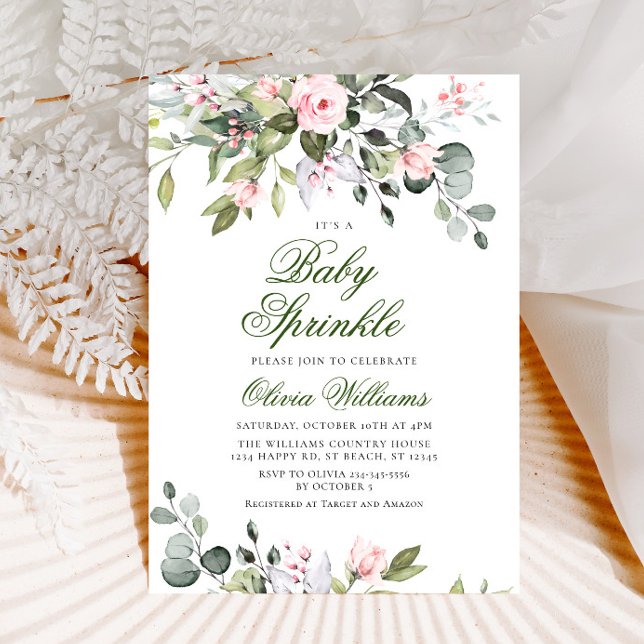 Invitation Élégant Eucalyptus Blush Roses Bébé Sprinking (Créateur téléchargé)