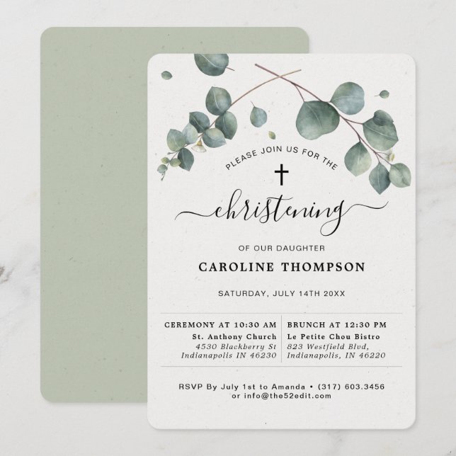 Invitation Elégant Eucalyptus Christening (Devant / Derrière)