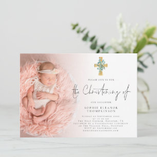 Invitation Elégant Eucalyptus Cross Photo Christening 