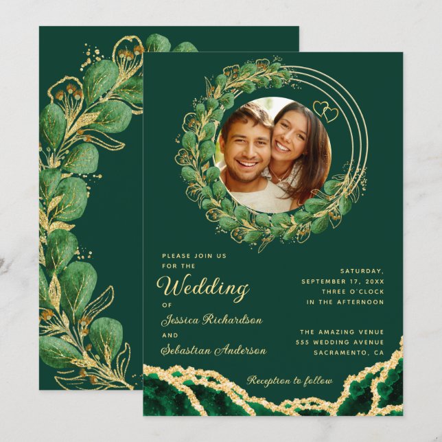 Invitation Elégant Eucalyptus Emerald Green Mariage Photo (Devant / Derrière)
