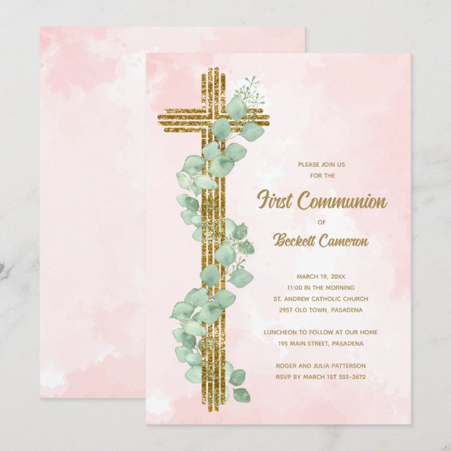 Invitation Élégant Eucalyptus et première communion rose croi (Devant / Derrière)