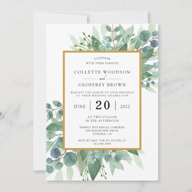 Invitation Elégant Eucalyptus Feuille Mariage frontière or (Devant)