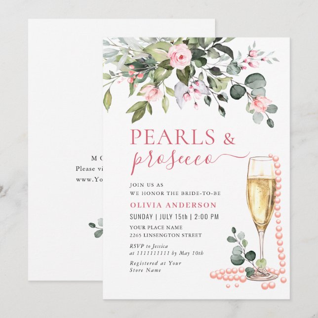 Invitation Elégant Eucalyptus Fleurs roses PEARLS & Prosecco (Devant / Derrière)