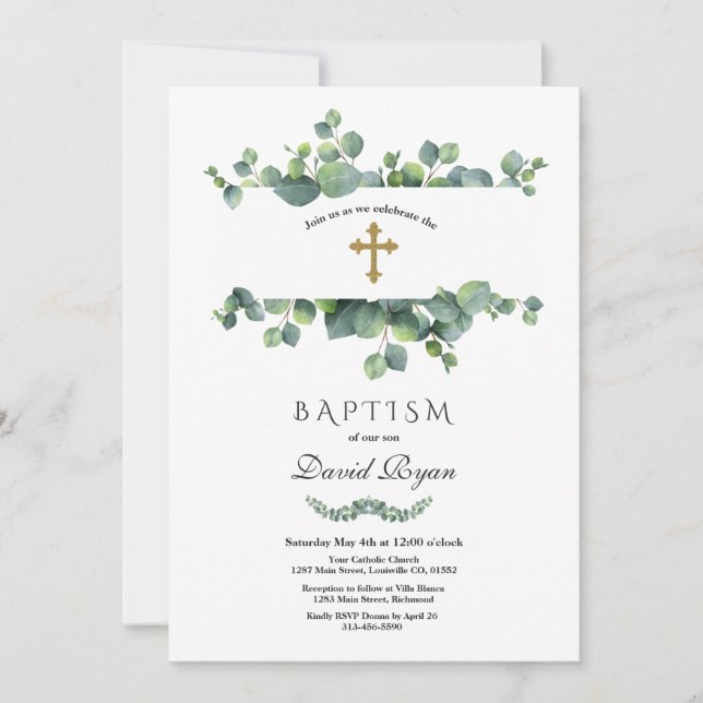 Invitation Elégant Eucalyptus Foliage Cadre Or Baptême (Devant)