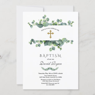 Invitation Elégant Eucalyptus Foliage Cadre Or Baptême