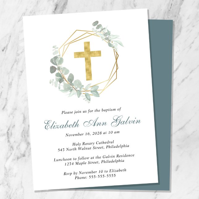 Invitation Élégant Eucalyptus Gold Cross Script Baptême (Créateur téléchargé)