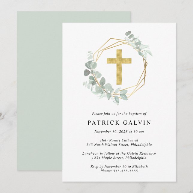 Invitation Elégant Eucalyptus Gold Cross Watercolor Baptism (Devant / Derrière)