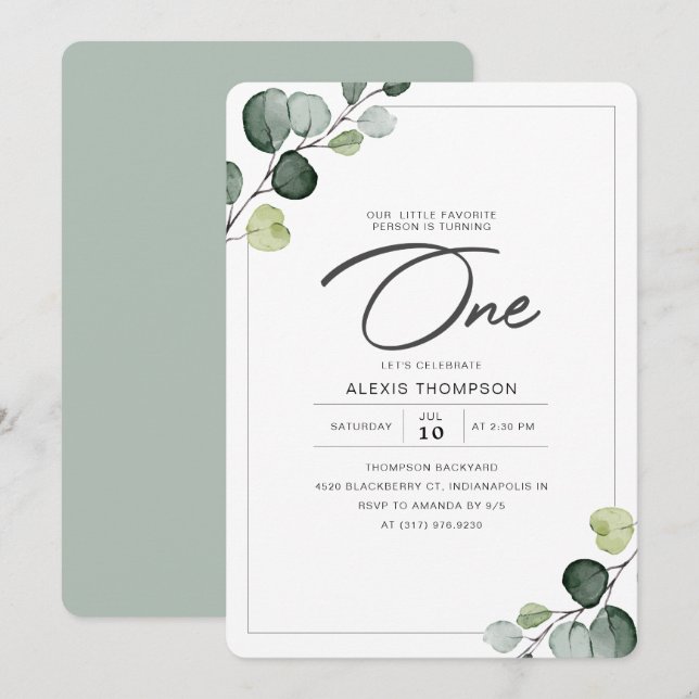 Invitation Elégant Eucalyptus Green 1er anniversaire (Devant / Derrière)