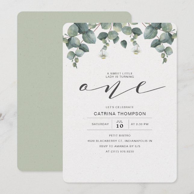 Invitation Elégant Eucalyptus Green 1er anniversaire (Devant / Derrière)