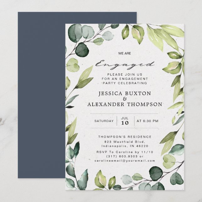 Invitation Elégant Eucalyptus Green Engagement Party (Devant / Derrière)