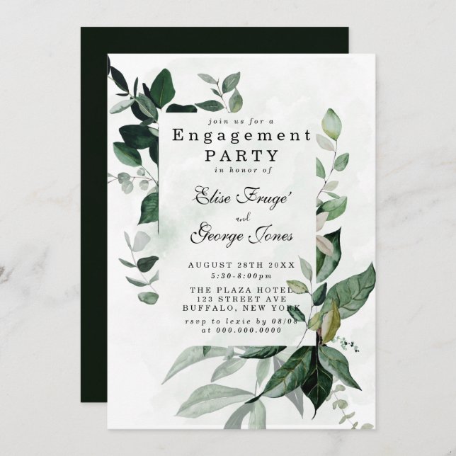 Invitation Elégant Eucalyptus Parti d'engagement (Devant / Derrière)