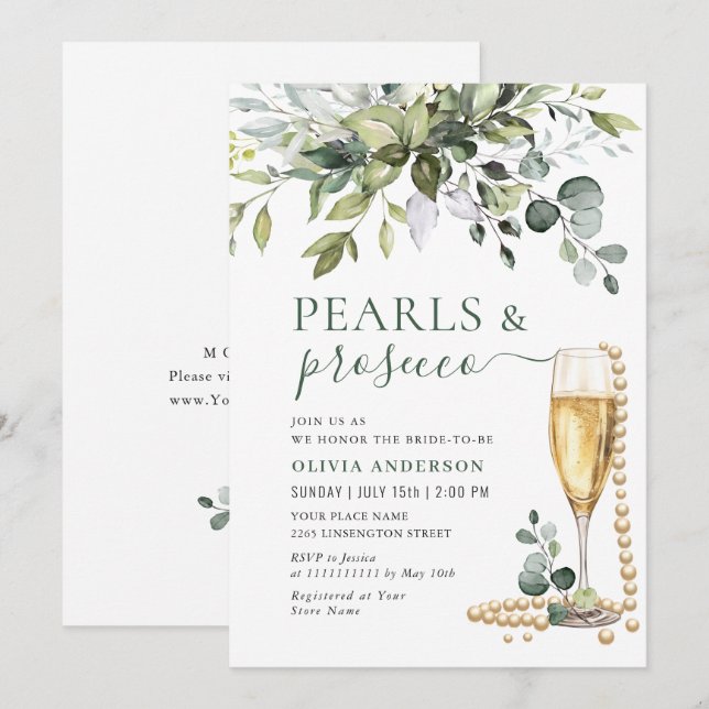 Invitation Elégant Eucalyptus perles florales & Prosecco (Devant / Derrière)