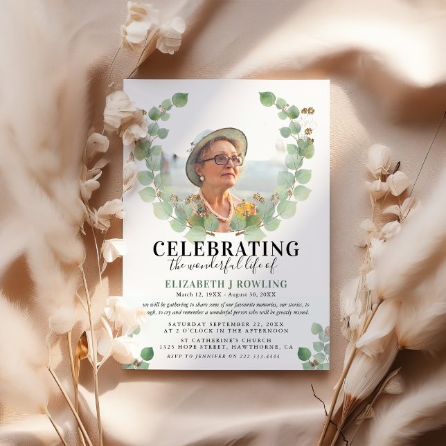 Invitation Elégant Eucalyptus Photo Célébration de la vie (Créateur téléchargé)