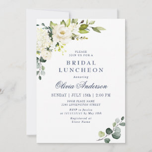 Invitation Élégant Eucalyptus Roses Blanches BRIDAL LUNCHEON