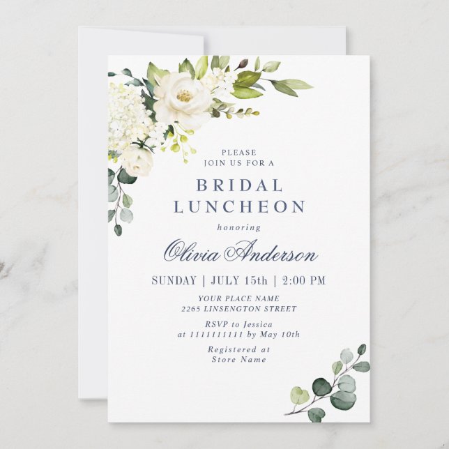 Invitation Élégant Eucalyptus Roses Blanches BRIDAL LUNCHEON (Devant)