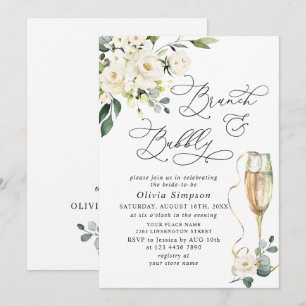 Invitation Élégant Eucalyptus Roses Blanches Brunch & Bulles