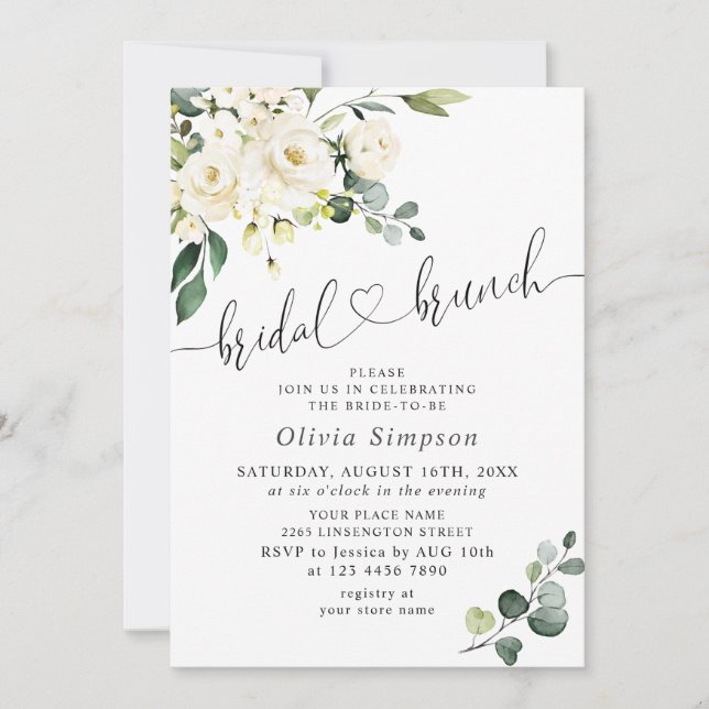 Invitation Elégant Eucalyptus Roses Blanches Brunch nuptial (Devant)