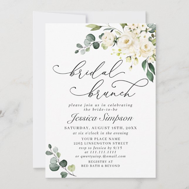 Invitation Elégant Eucalyptus Roses Blanches Brunch nuptial (Devant)
