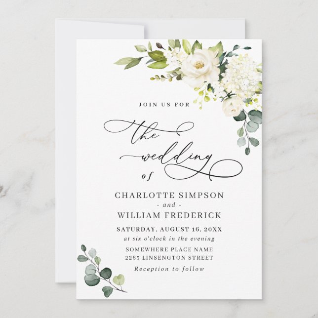 Invitation Elégant Eucalyptus Roses Blanches Mariage de verdu (Devant)