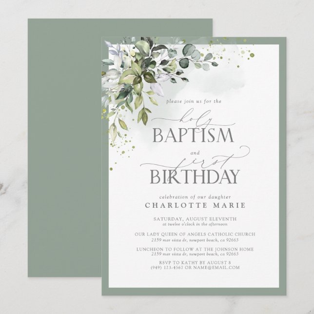 Invitation Elégant Eucalyptus Verdure Baptême 1er anniversair (Devant / Derrière)
