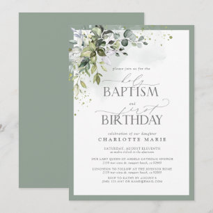 Invitation Elégant Eucalyptus Verdure Baptême 1er anniversair