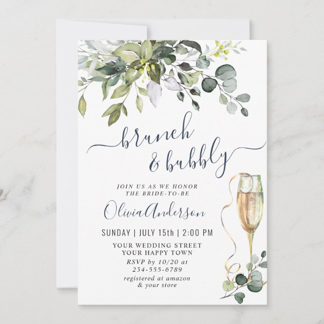 Invitation Elégant Eucalyptus verdure Brunch & Bubbly (Devant)