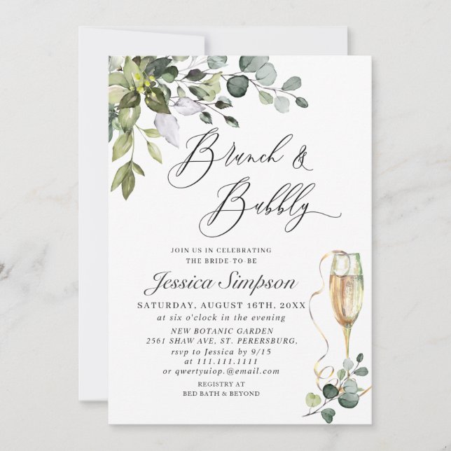 Invitation Elégant Eucalyptus verdure Brunch & Bubbly (Devant)