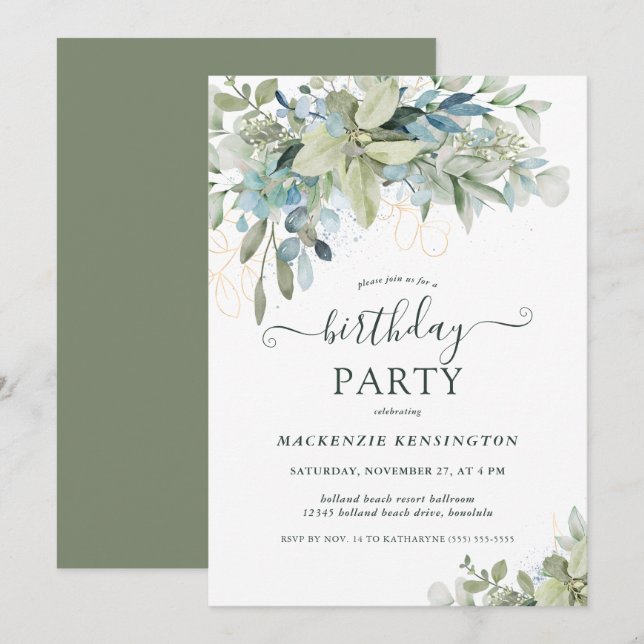 Invitation Elégant Eucalyptus verdure fête d'anniversaire (Devant / Derrière)