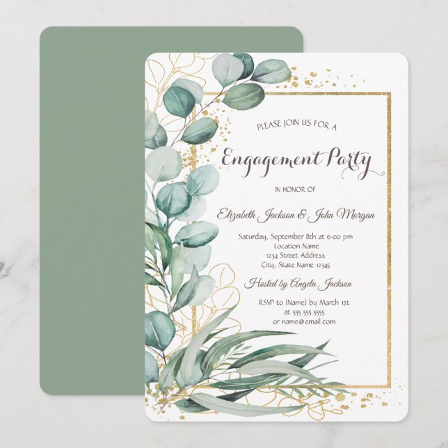 Invitation Elégant Eucalyptus Verdure Gold Frame Fiançailles (Devant / Derrière)