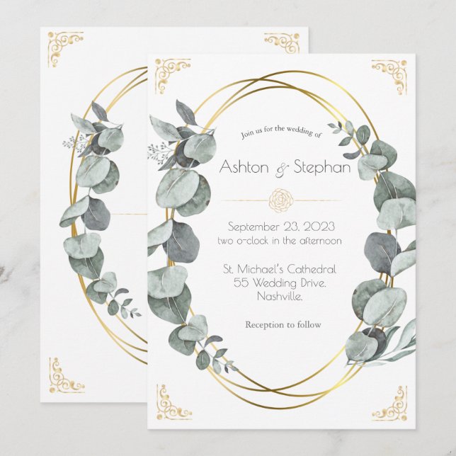 Invitation Elégant Eucalyptus Verdure Mariage Or (Devant / Derrière)