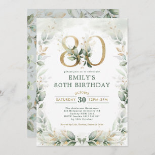 Invitation Elégant Eucalyptus Verdure Or 80e anniversaire