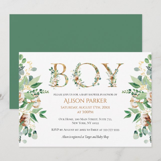 Invitation Elégant Eucalyptus Verdure Or Baby Boy Douche (Devant / Derrière)