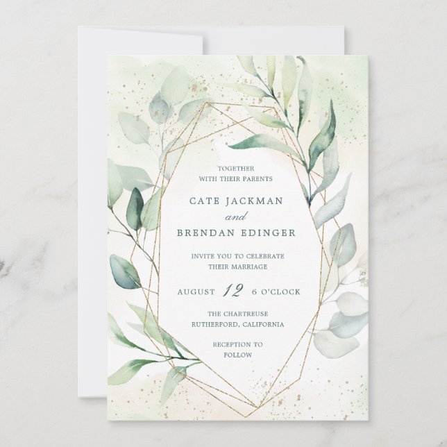 Invitation Elégant Eucalyptus Verdure Or Mariage géométrique (Devant)