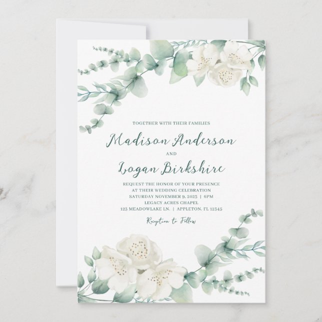 Invitation Elégant Eucalyptus White Peony Mariage (Devant)