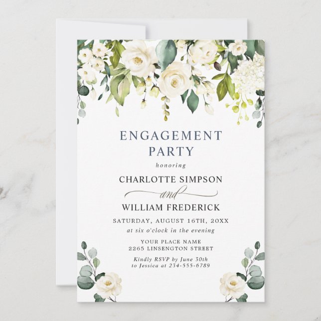 Invitation Elégant Eucalyptus White Roses ENGAGEMENT PARTI (Devant)