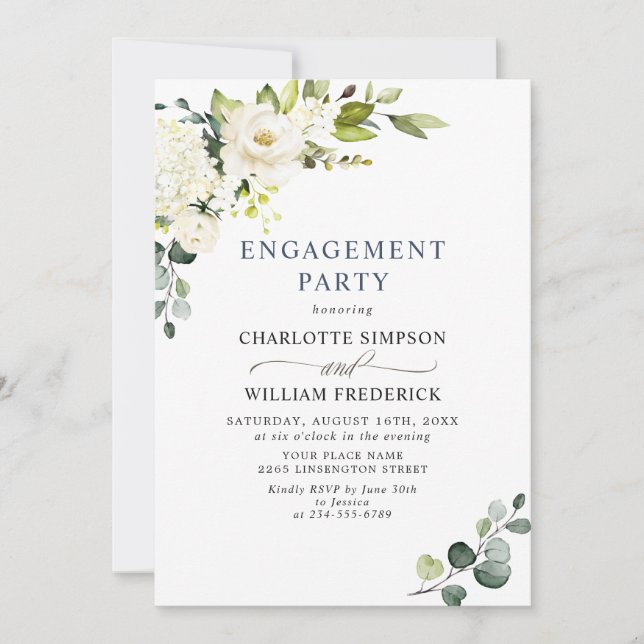 Invitation Elégant Eucalyptus White Roses ENGAGEMENT PARTI (Devant)