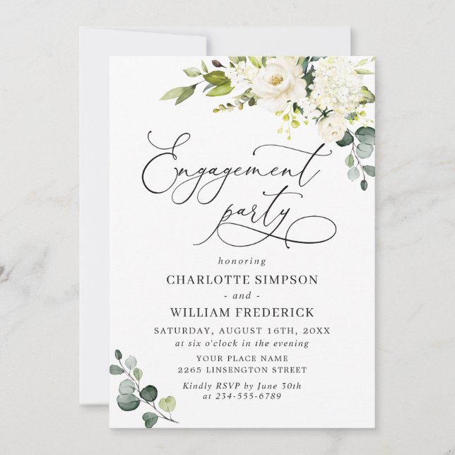 Invitation Elégant Eucalyptus White Roses ENGAGEMENT PARTI (Devant)