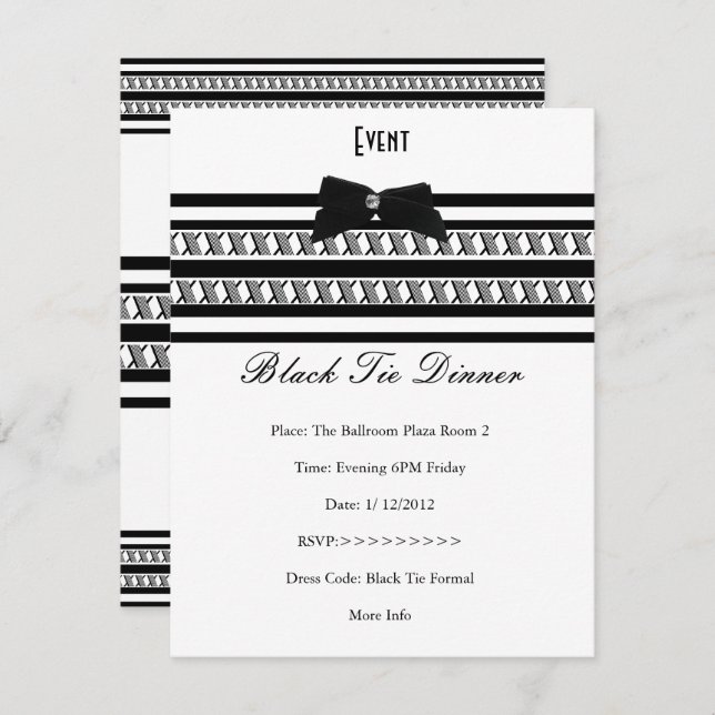Invitation Élégant Événement Formel Cravate Noire Dîner Blanc (Devant / Derrière)