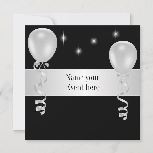 Invitation Élégant évènement spécial des Ballons blancs noirs (Devant)