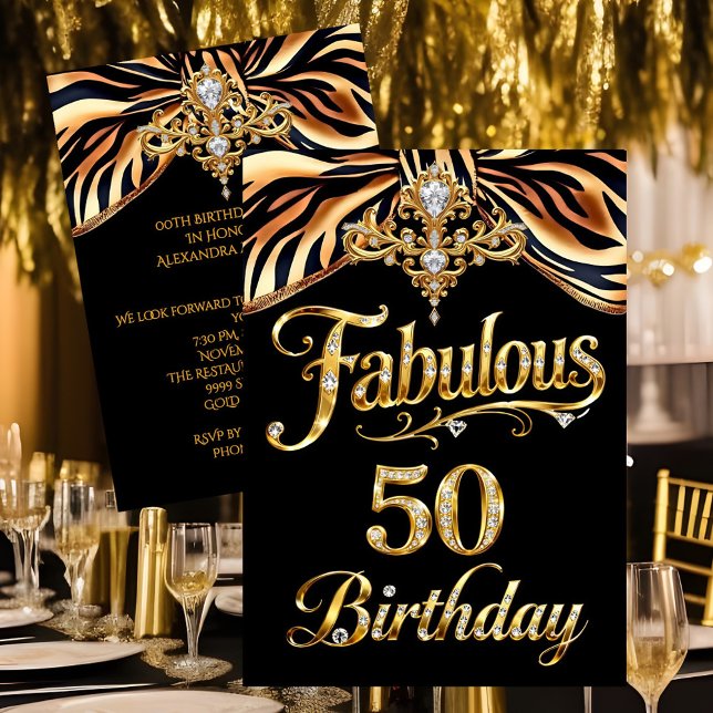 Invitation Elegant Fabulous 50 Birthday Black Gold Zebra Bow (Créateur téléchargé)