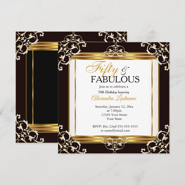 Invitation Elégant Fabulous Gold Black White 50e anniversaire (Devant / Derrière)